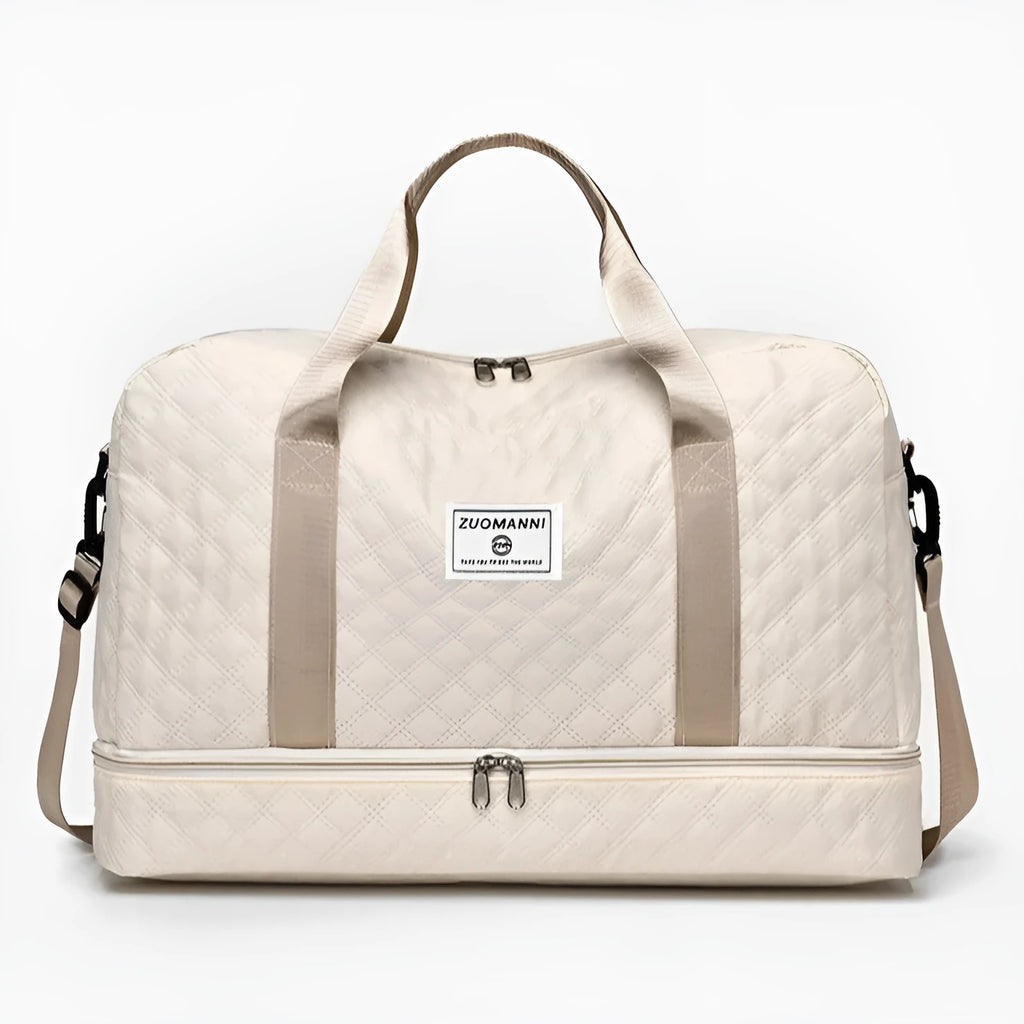 Large oxford cloth travel bag in a solid colour with visible sewing thread details, shown with the main compartment open.
