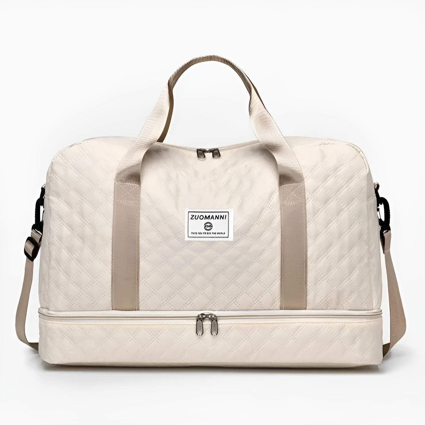 Large oxford cloth travel bag in a solid colour with visible sewing thread details, shown with the main compartment open.