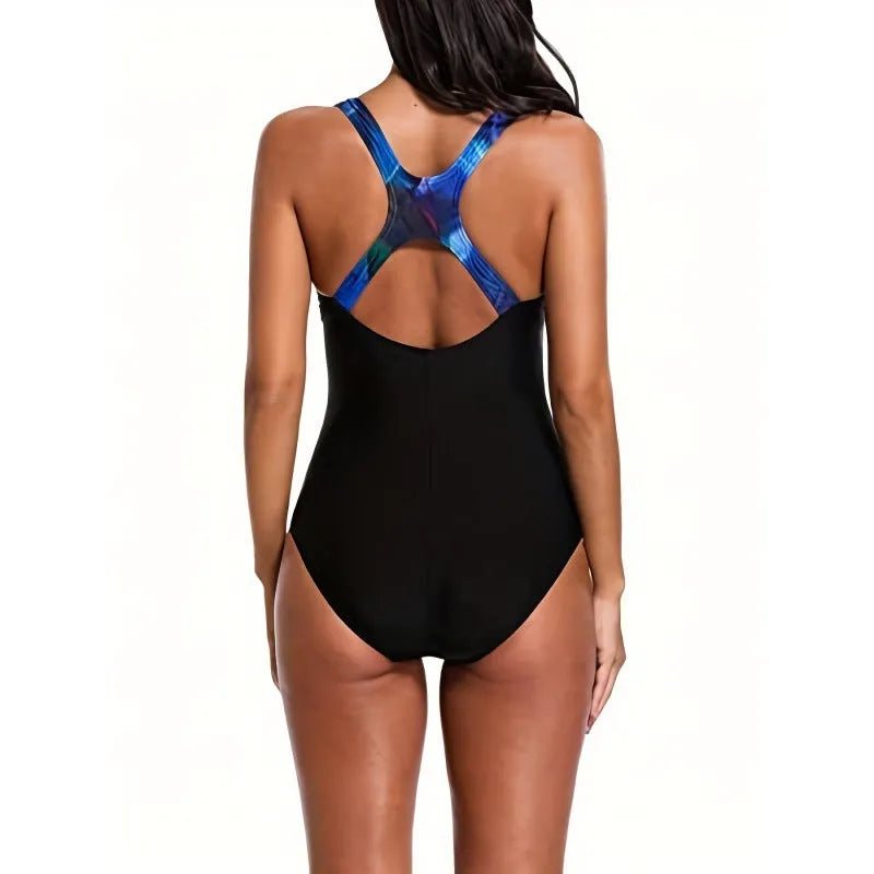 Women's printed floral backless one-piece swimsuit on a white background
