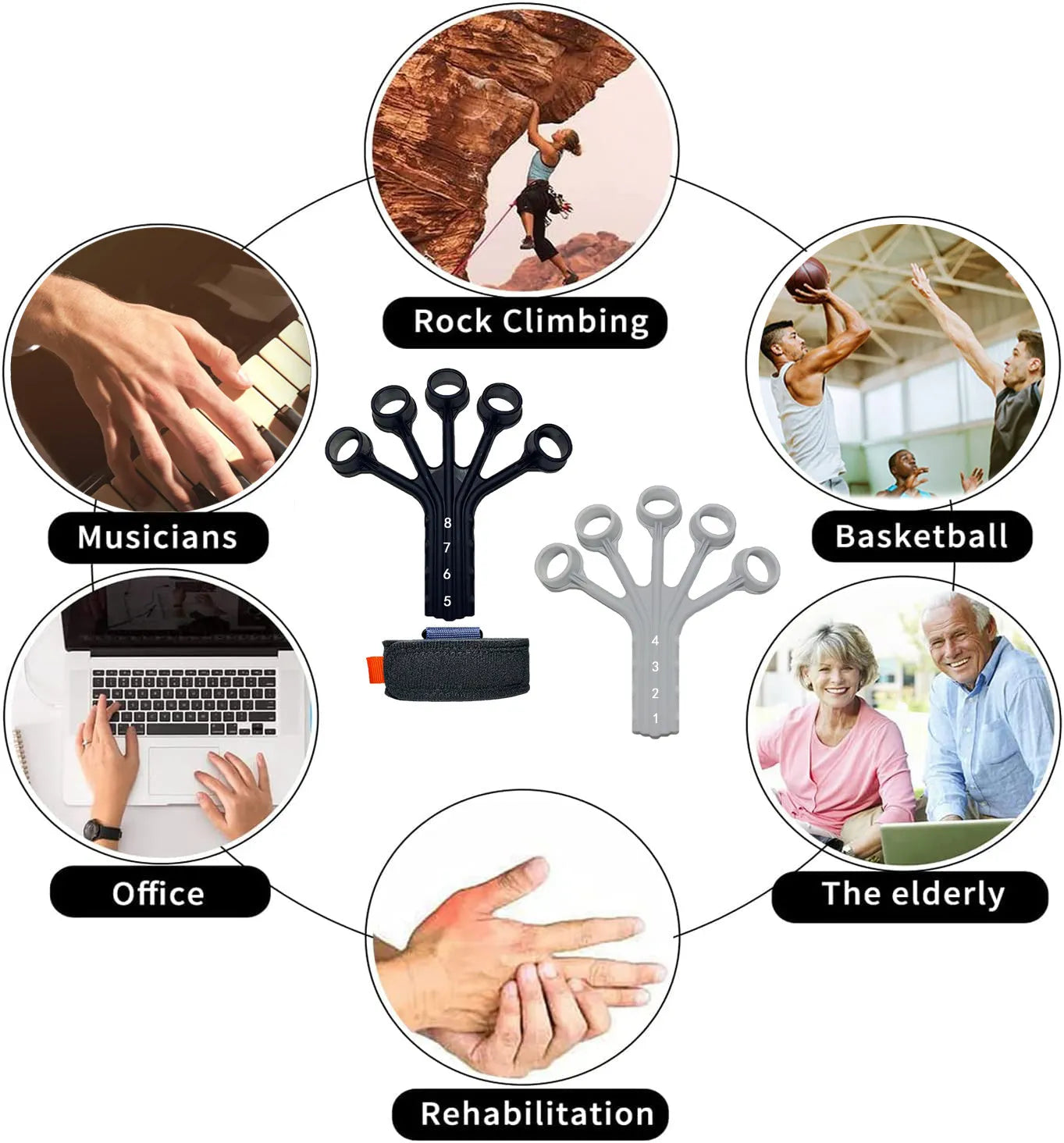 Black and grey silicone finger flexion trainer with adjustable abdominal tension belt.