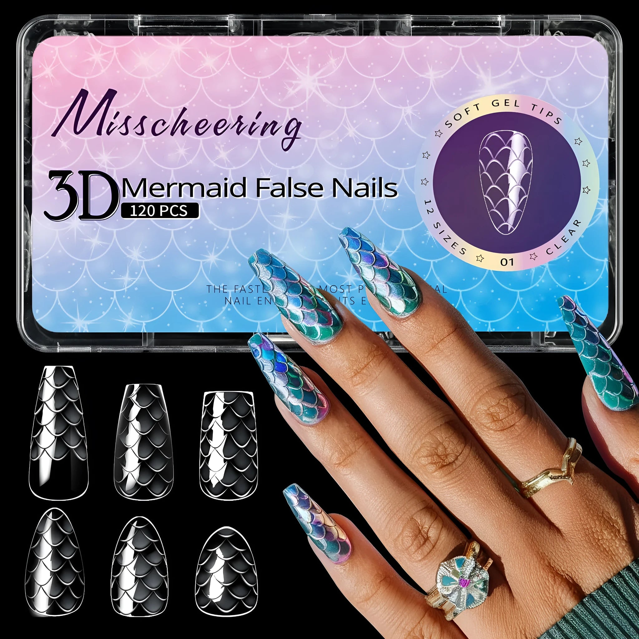 Box of 3D scale long shaping artificial nail tips for stiletto and coffin nail art designs.