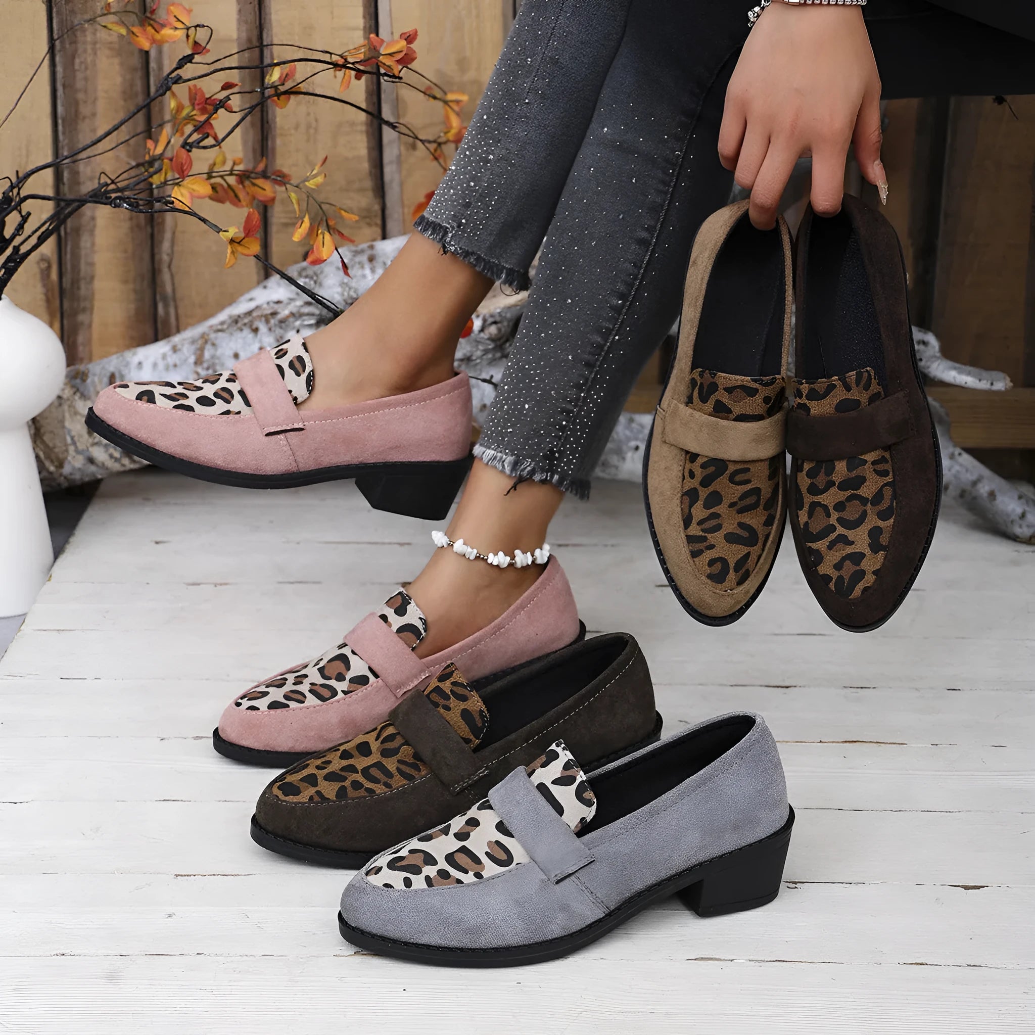 Leopard print suede slip-on shoe with chunky mid heel and pointed toe in pink colour