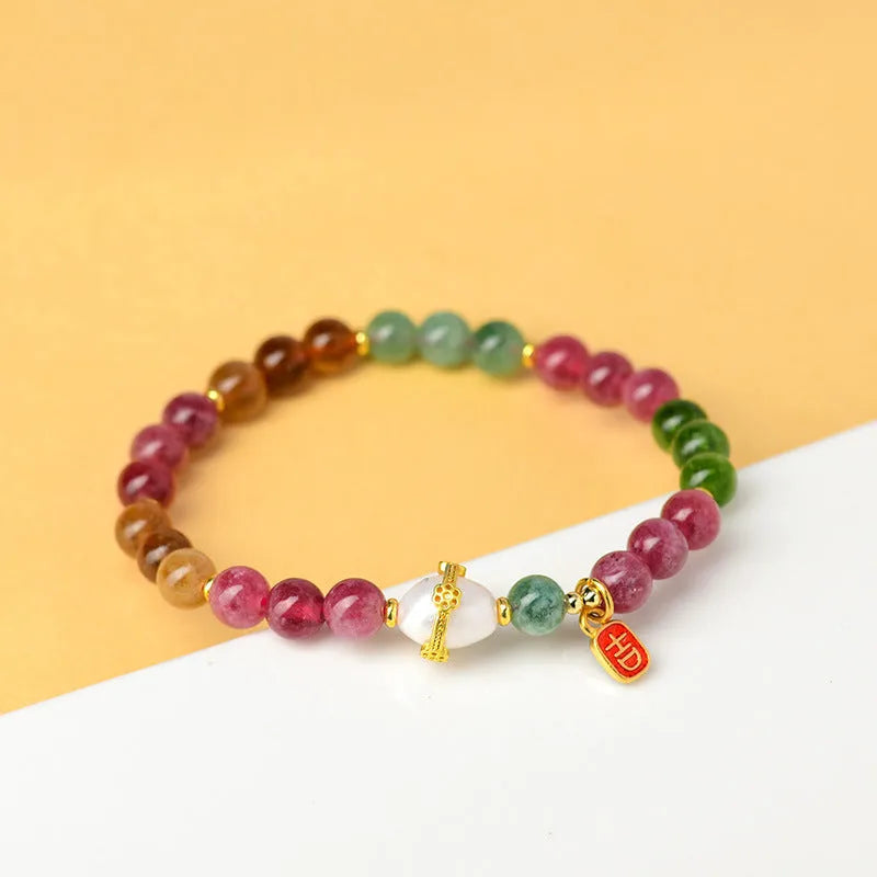 Geometric tourmaline and chalcedony bracelet with 6.5mm natural crystal beads