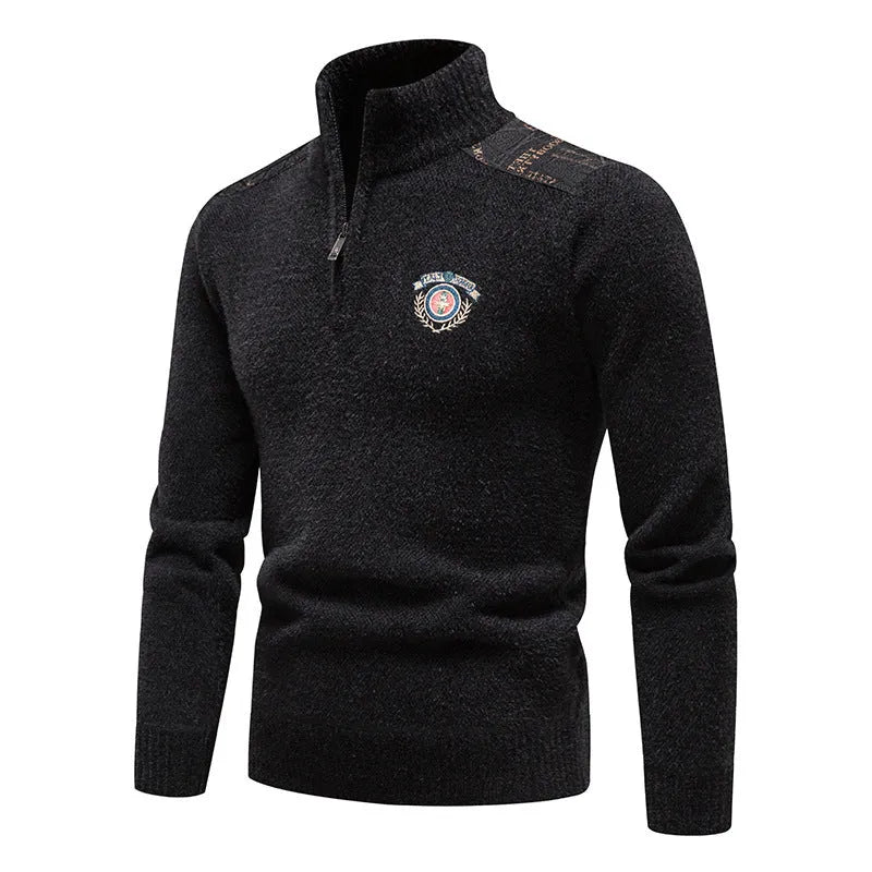 Men's velvet stand collar thickened sweater in beige, straight cut pullover with long sleeves.