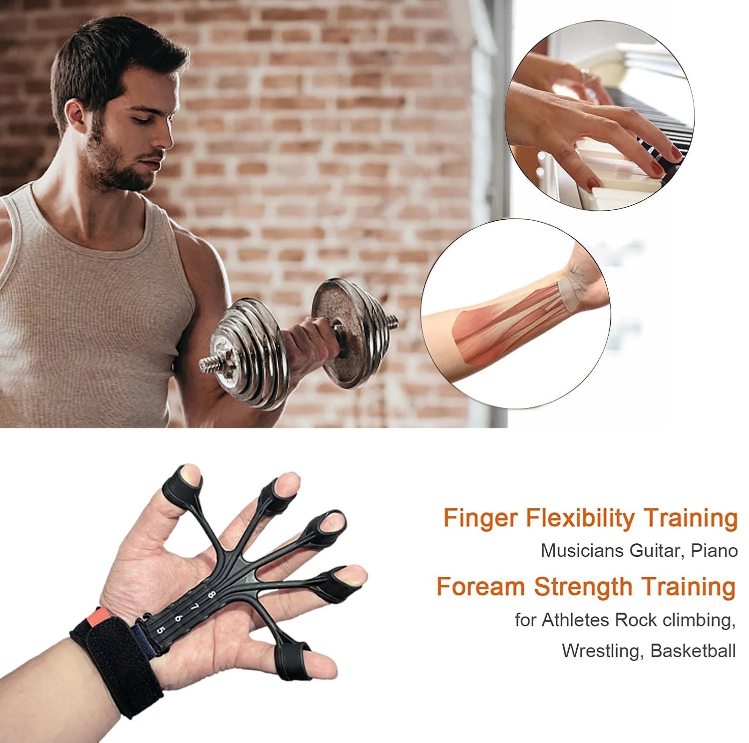 Black and grey silicone finger flexion trainer with adjustable abdominal tension belt.