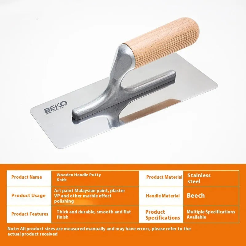 Stainless steel putty scraper with wooden handle for wall and floor plastering work