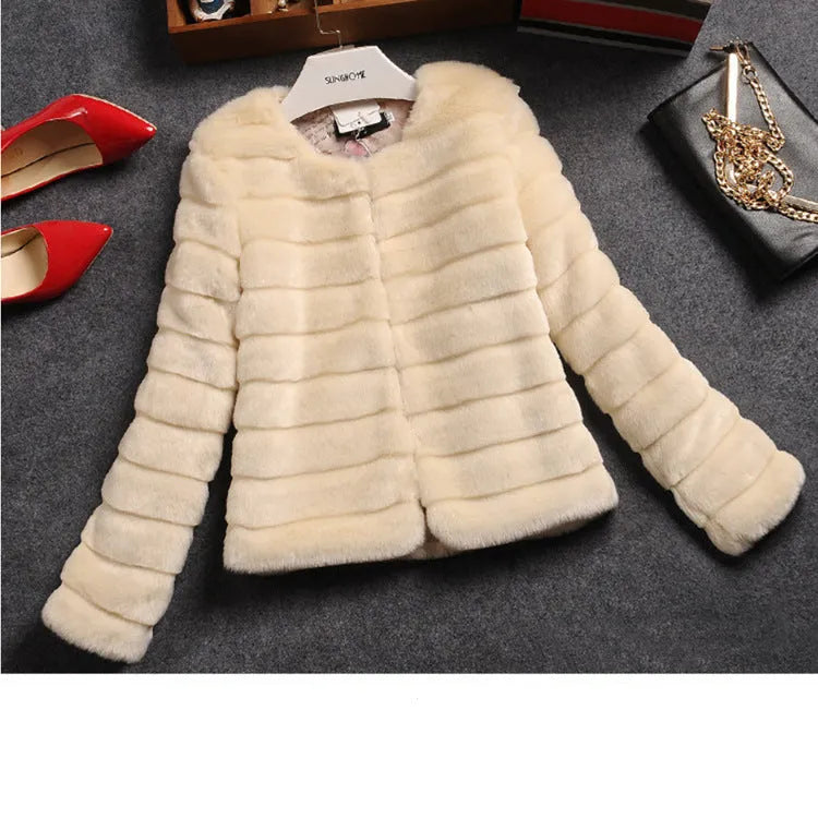 Women's short-length faux fur top in beige, shown on a model as part of a street fashion outfit.
