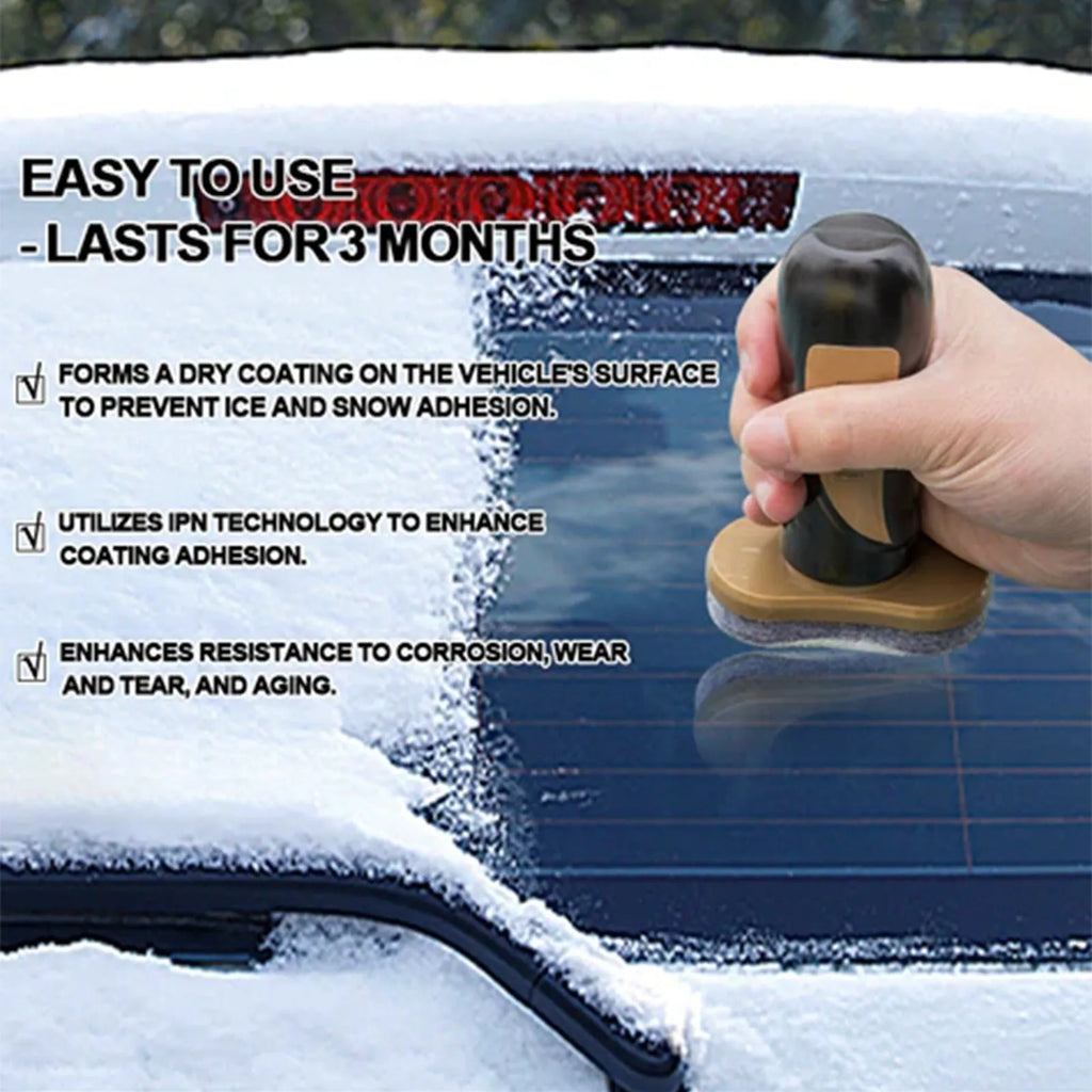 Compact PE plastic car snow brush with hydrophobic nano coating spray, measuring 5x9x14cm.