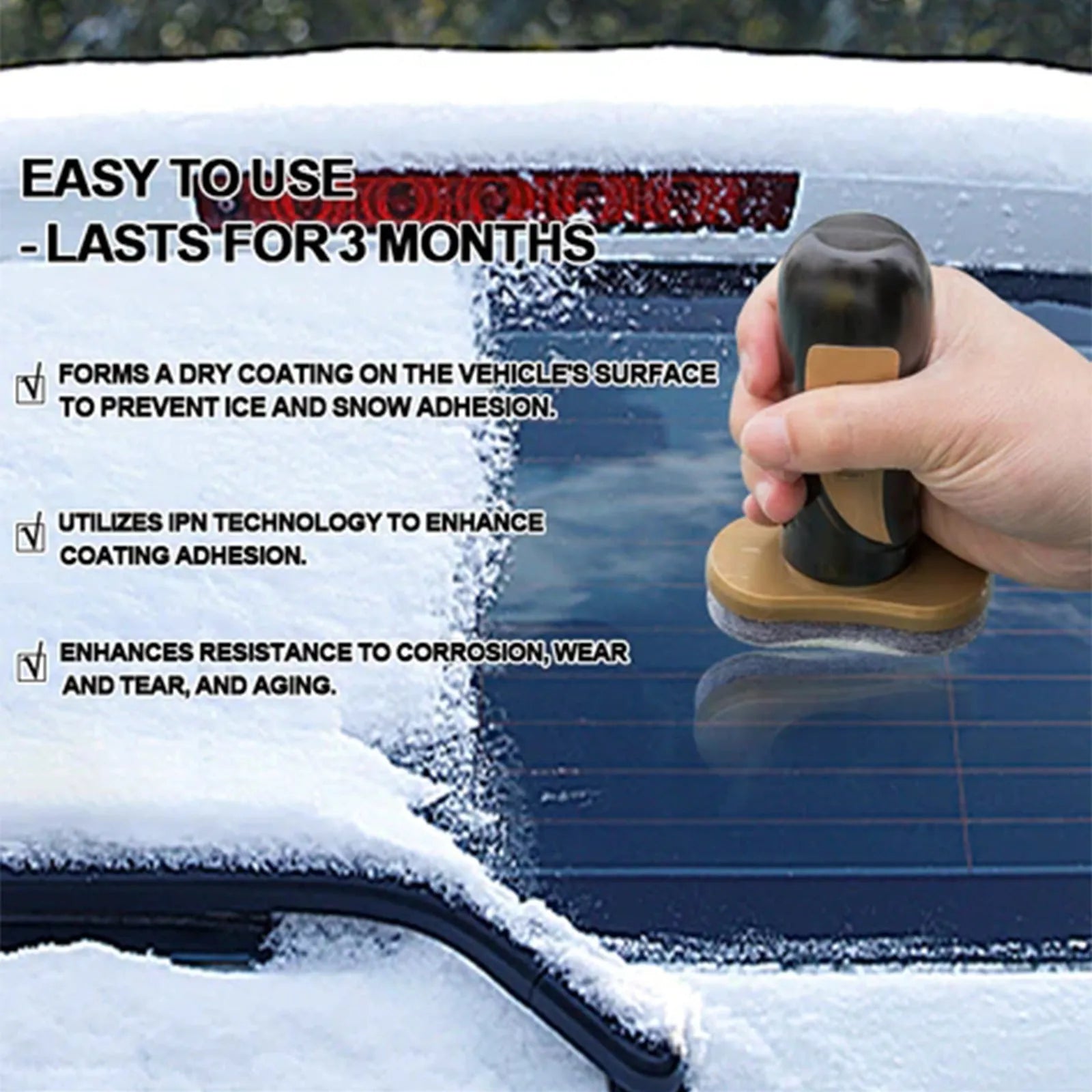 Compact PE plastic car snow brush with hydrophobic nano coating spray, measuring 5x9x14cm.