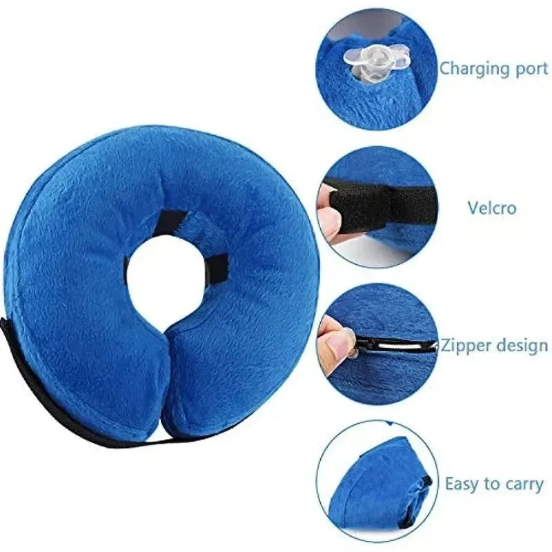 Blue inflatable dog recovery collar with adjustable strap, shown on a model for size.