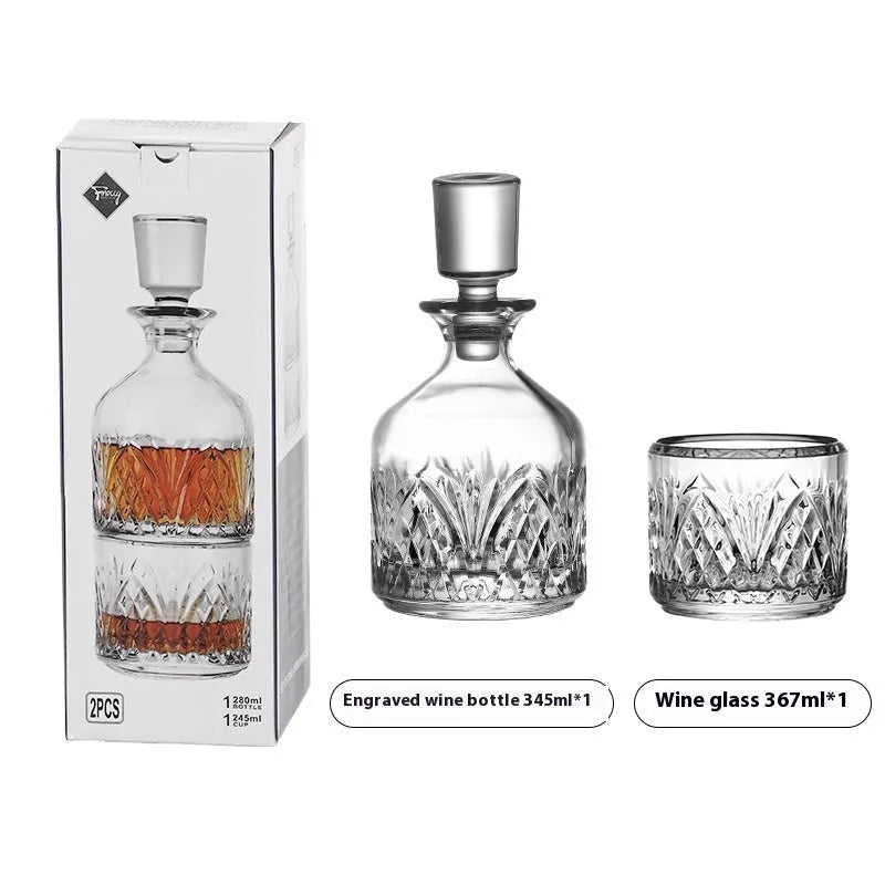Clear glass whiskey wine set with striped and diamond pattern options on a table