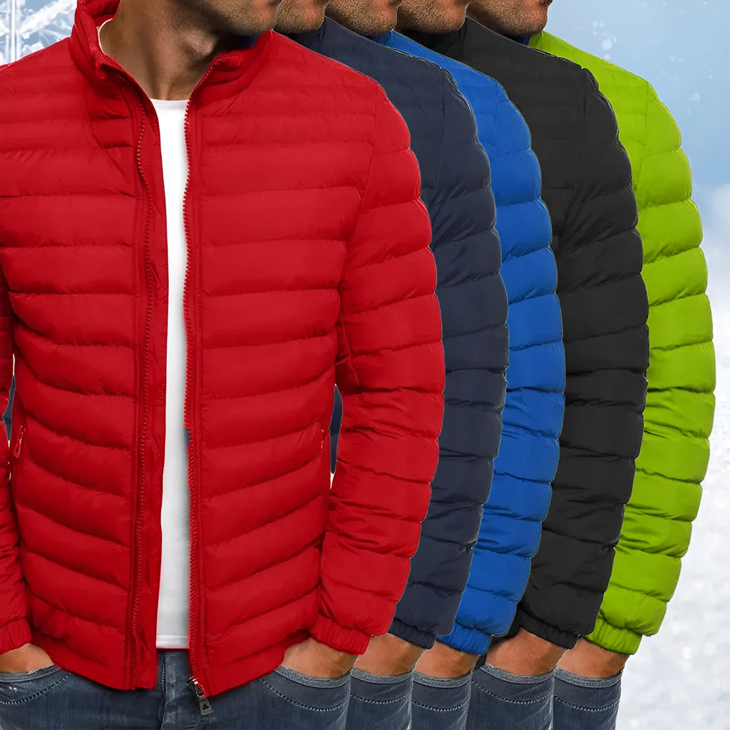 Men's thickened padded jacket with full-length zip, zipped pockets, and solid colour design in gray, black, or navy blue.