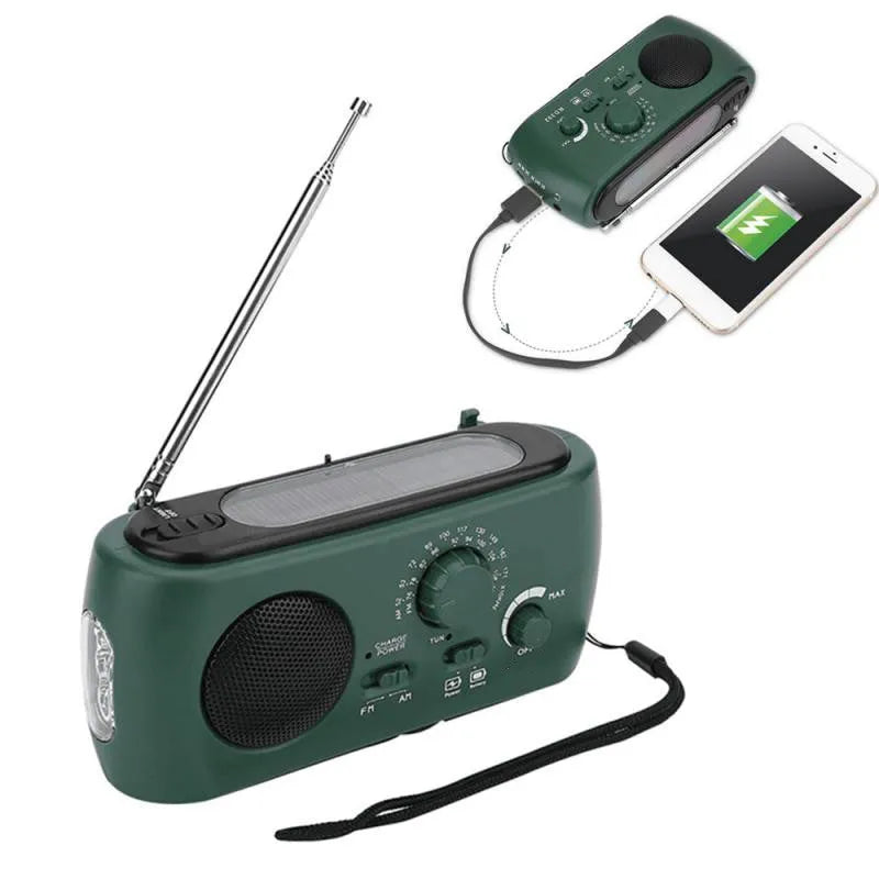 AM FM solar hand crank rechargeable radio with LED flashlight in white, measuring 15x7x4cm, for hiking and emergency use