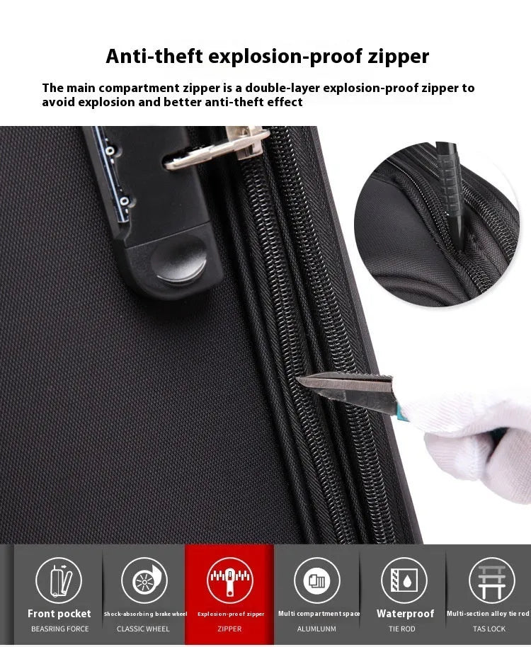 Black 18 inch Oxford cloth carry-on suitcase with retractable draw bar and universal wheels.