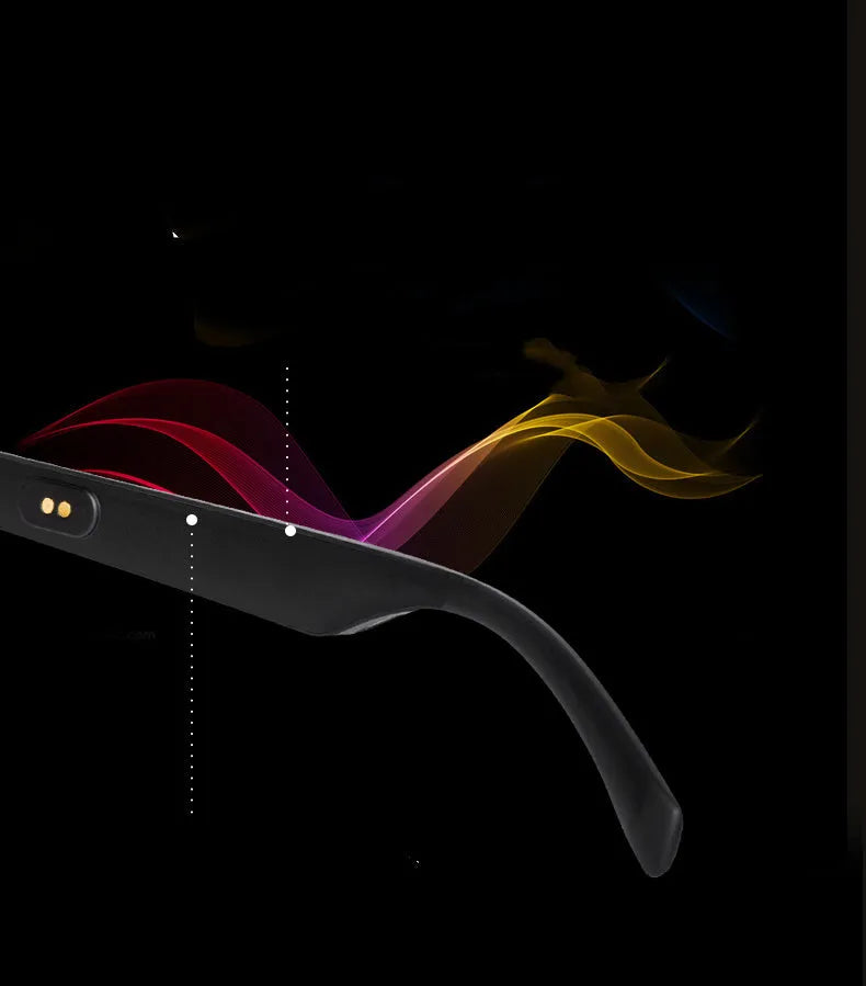 Semi-open Bluetooth smart glasses with PC+ABS frame on a glasses case.