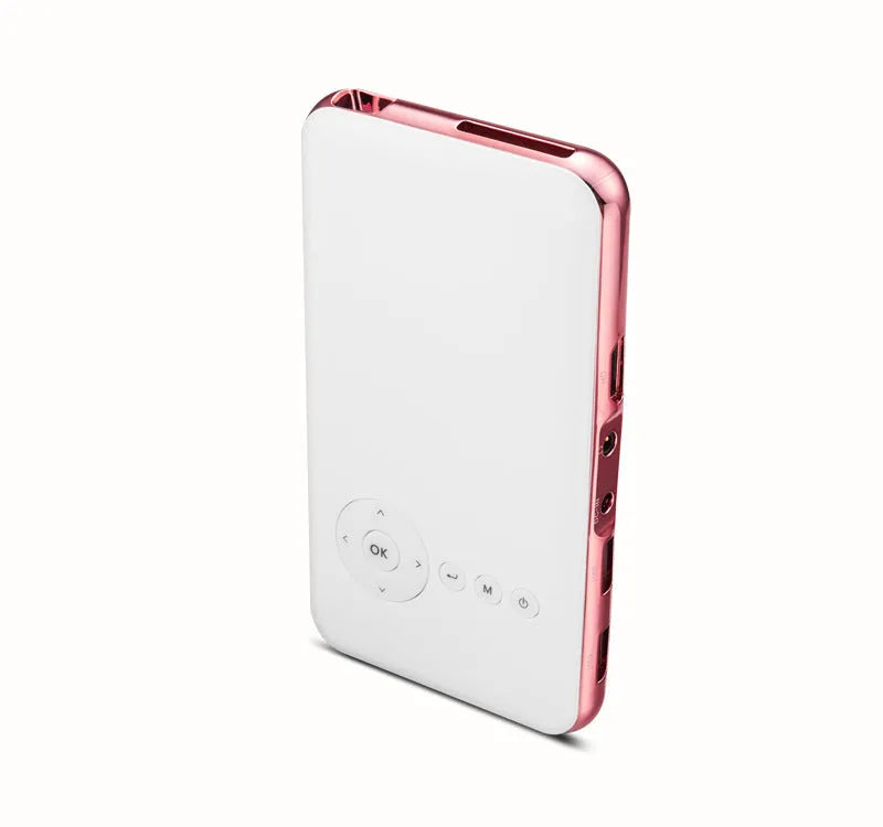 White and rose gold M6S miniature portable Android DLP smart projector on a table.