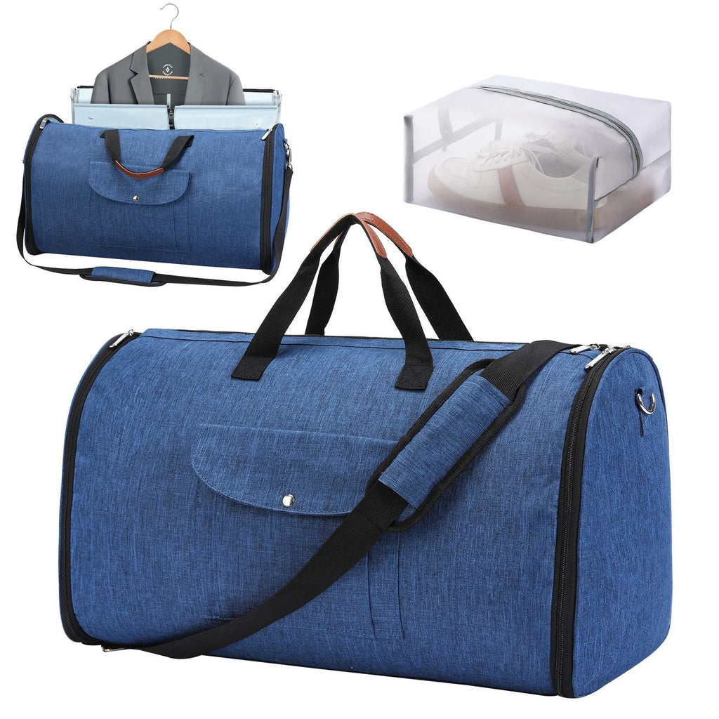 Folding Oxford cloth duffel bag in dark blue with 36-55L capacity for travel and gym use