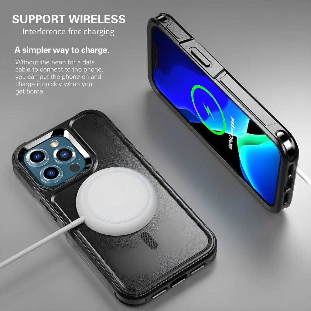 Black shatterproof magnetic phone case for iPhone 12 and 13 series models showing front and back views