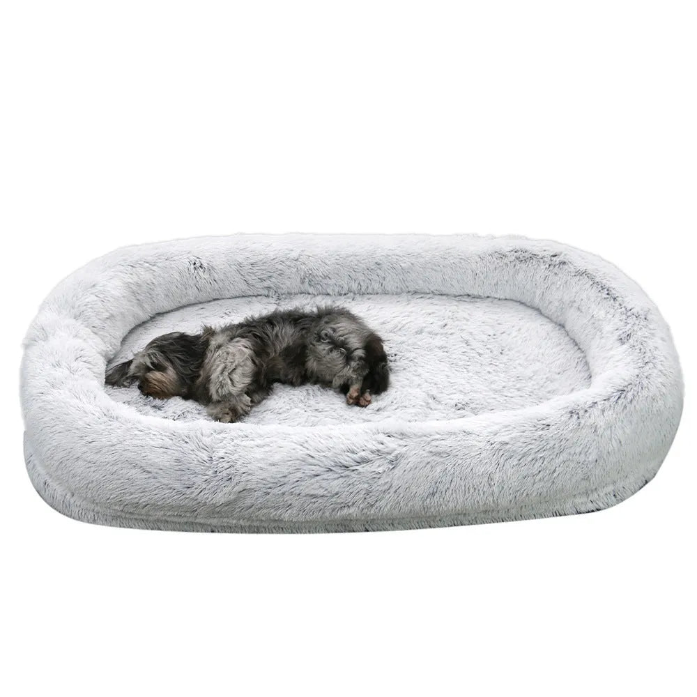 Plush round grey dog pad 160x90x30cm sponge filling winter warm pet nest