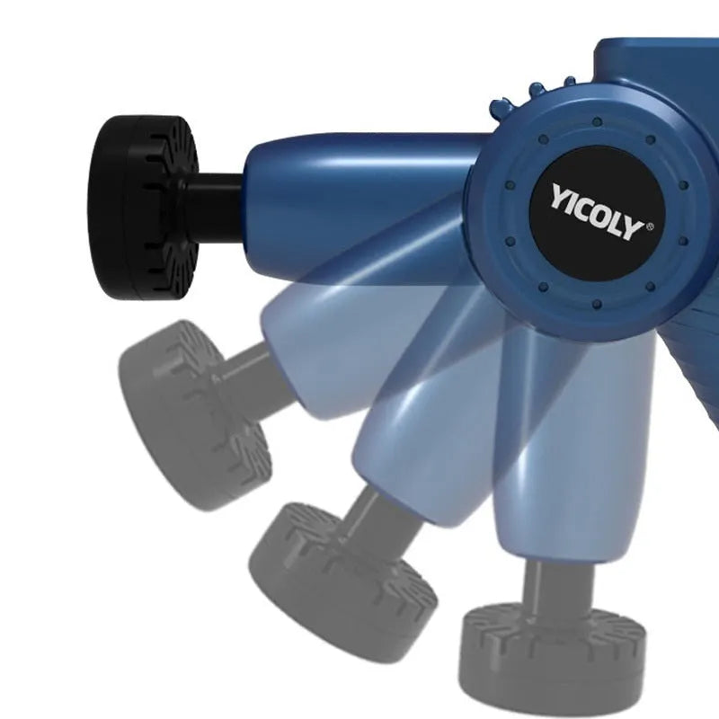 Black smart muscle massage gun with five different massage head attachments on a grey background.