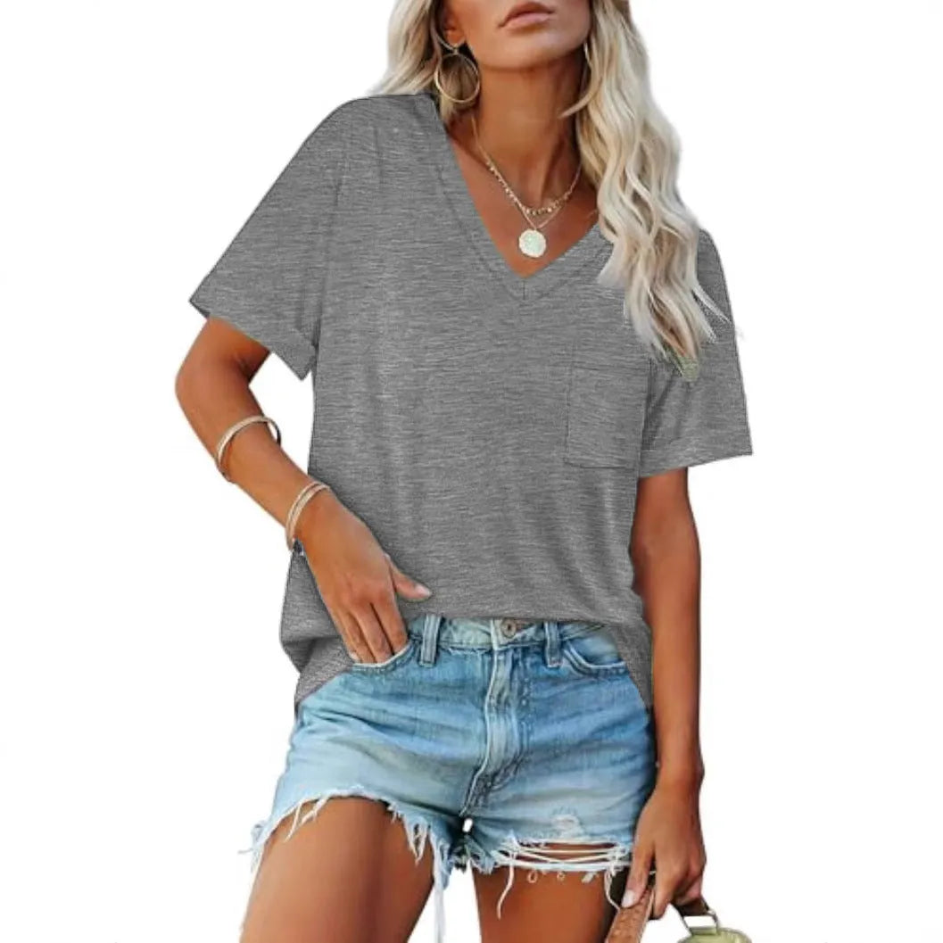 Grey loose fit V-neck short sleeve t-shirt with a chest pocket on a solid background.
