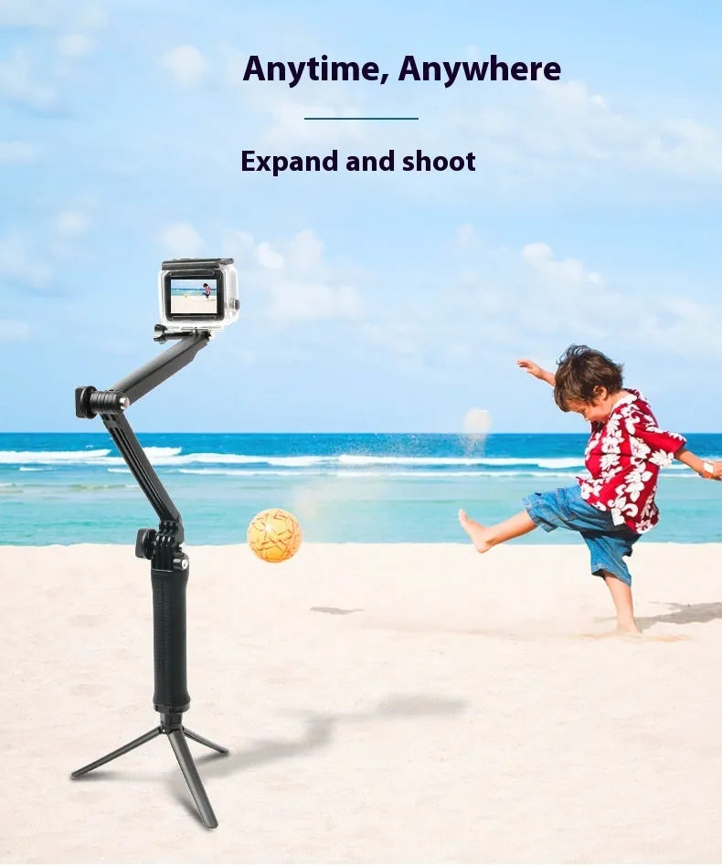 Black portable folding camera tripod storage bracket for GoPro Hero action cameras on a white background.