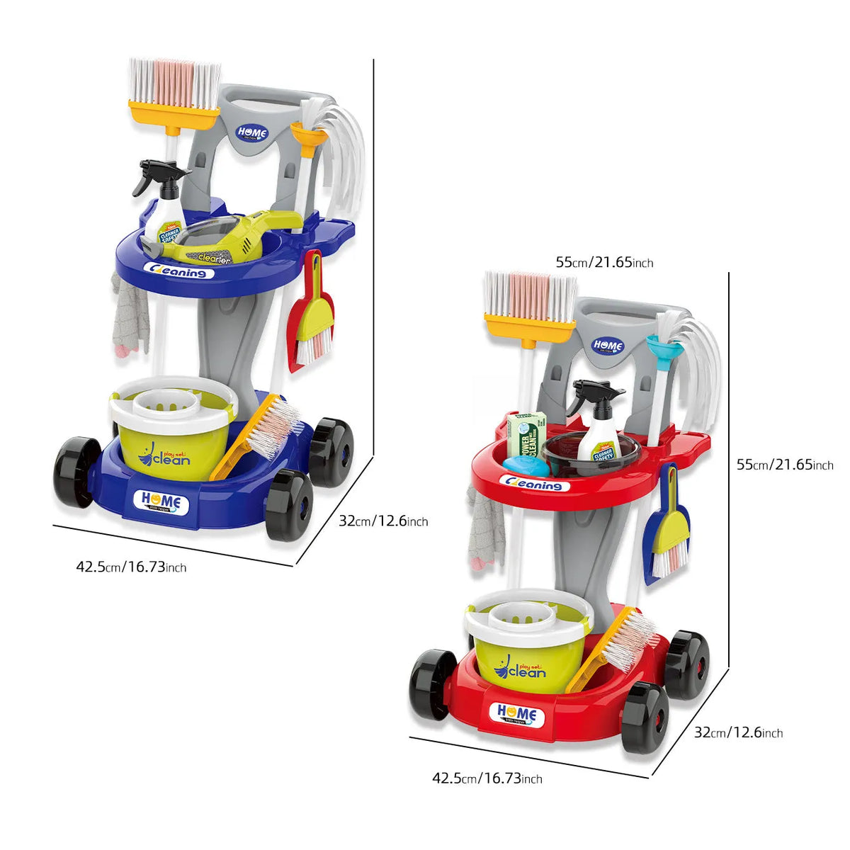 Children's play house cleaning toy set with ABS cleaning tools, stroller suit, and vacuum cleaner options in an English colour box