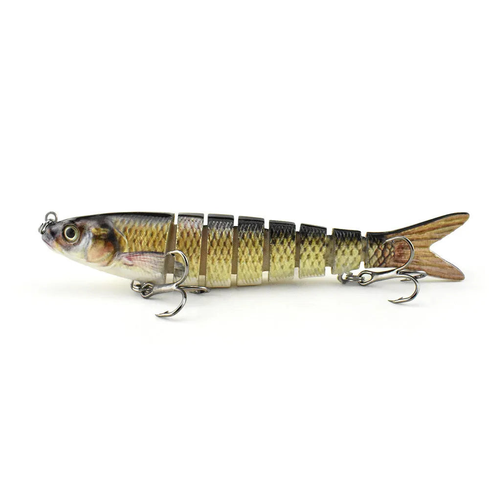 Hard plastic fishing bait lure showing bionic fish design, 133mm long, with colour options and storage box.