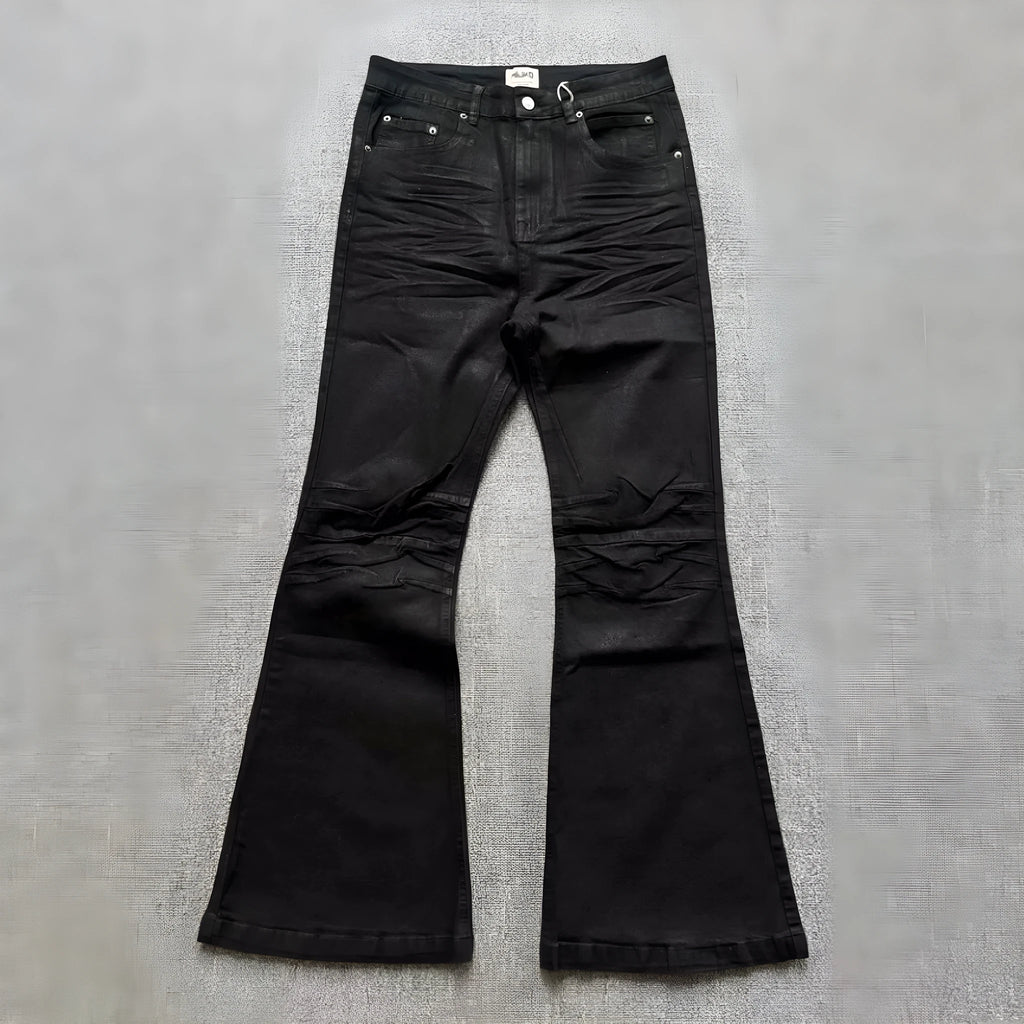 Retro dark brush wax coating washed jeans for men, mid-waist loose fit, black colour
