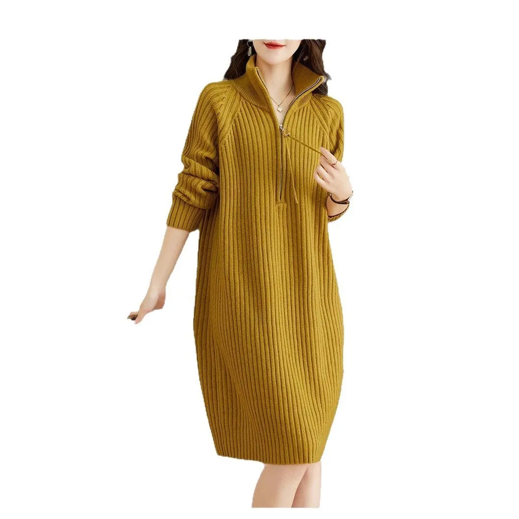 Half zip casual woolen skirt with stand collar and wide waist in straight dress silhouette