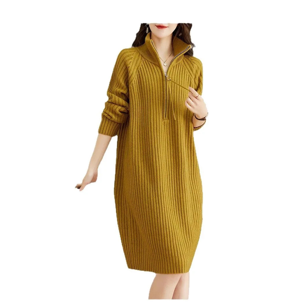 Half zip casual woolen skirt with stand collar and wide waist in straight dress silhouette
