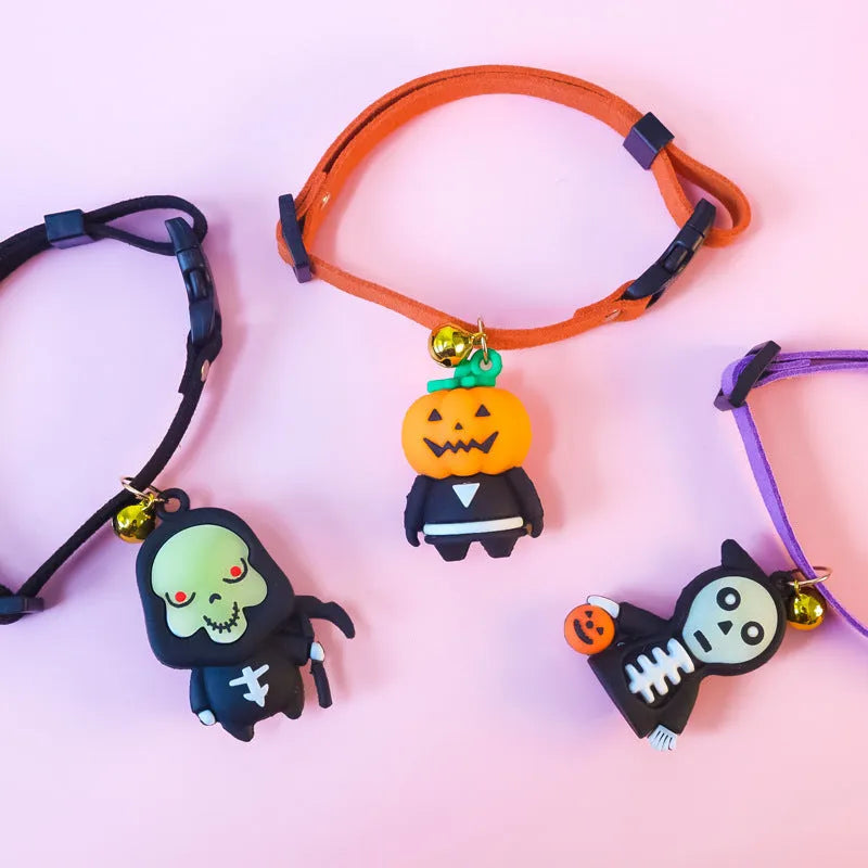 Polyester Halloween dog collar decoration showing pumpkin man, luminous brat, and luminous skull cartoon patterns.
