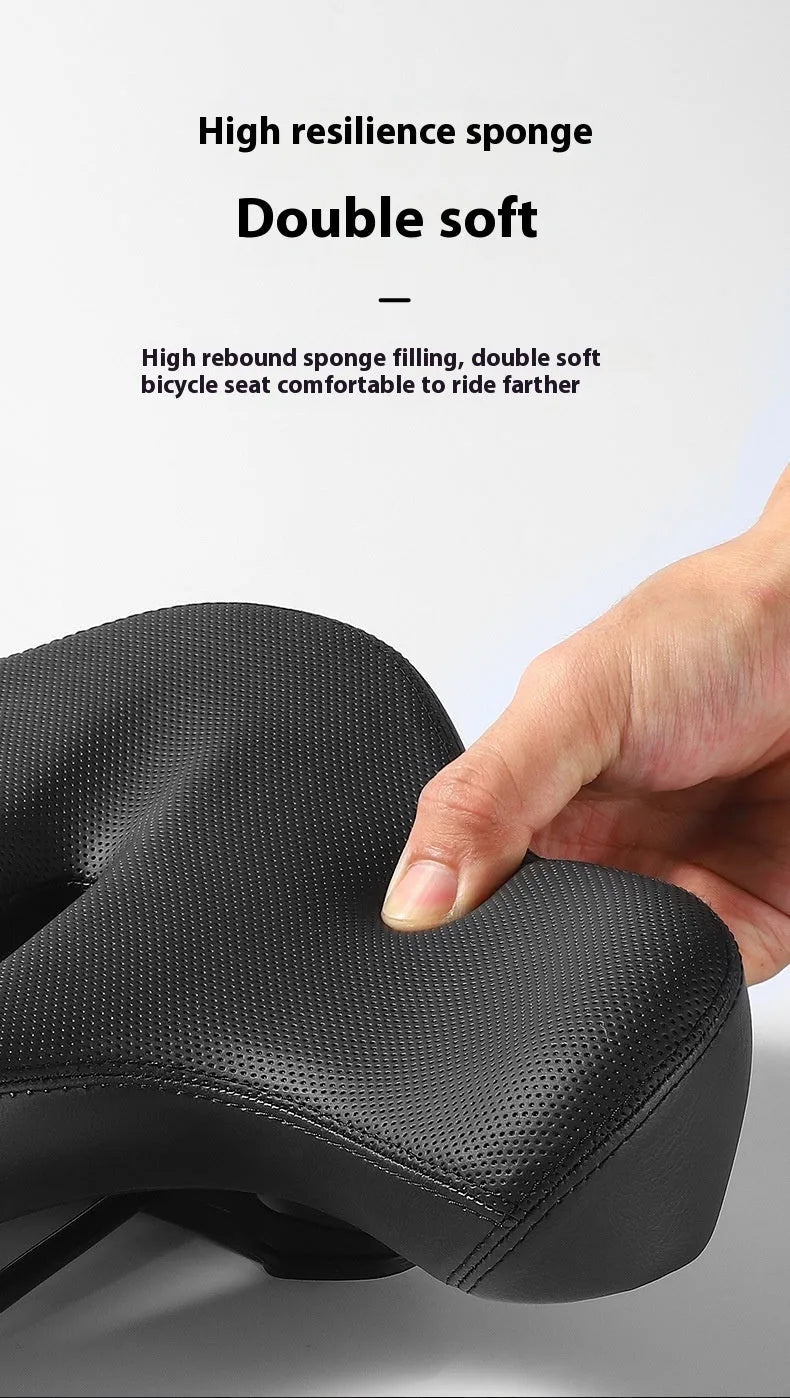 Black leather bicycle seat cushion with thick foam padding on a bike saddle.