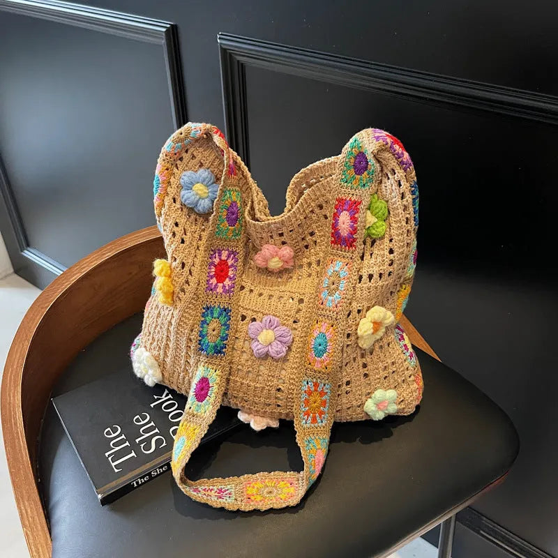 Casual woven hollow knit beach shoulder bag in polyester with large 30cm width capacity