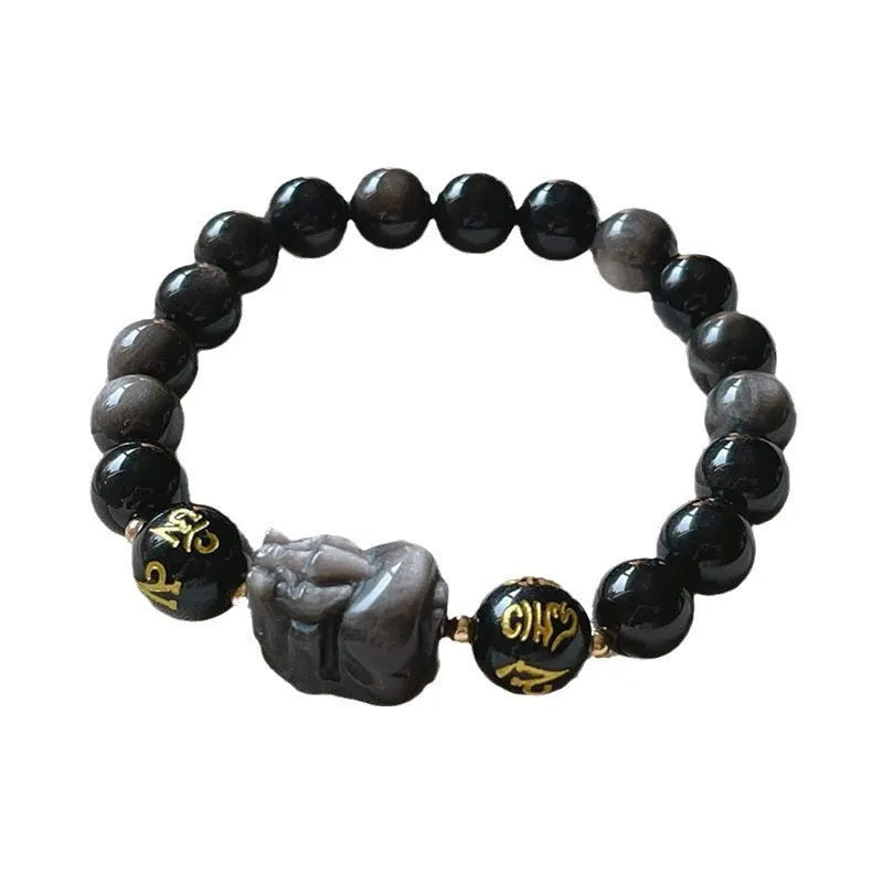 Men's silver stone bracelet with Chinese zodiac design and natural stone beads