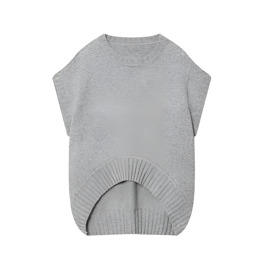 Grey knitted oversized vest sweater with contrast colour stripes for women, pullover style