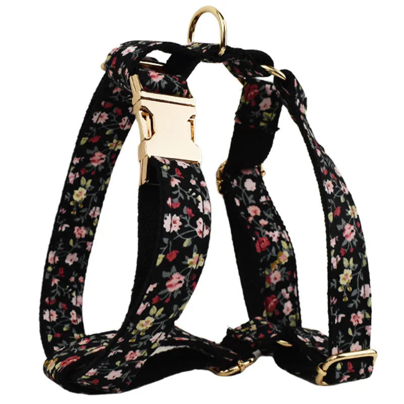 Four-piece removable bow lettering printed pet collar set showing dog collar, leash, bow, and vest in a chosen colour.