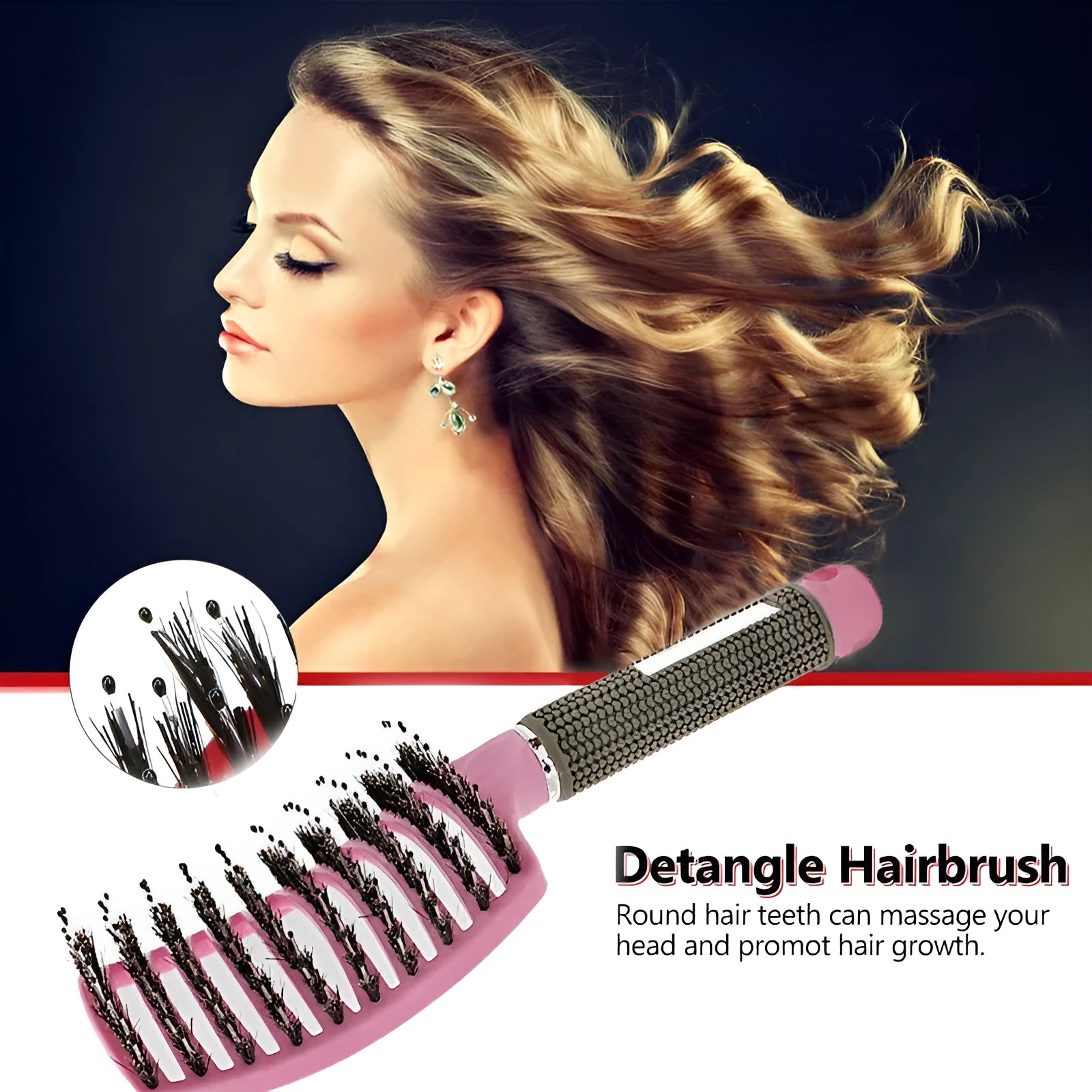 Black bristle and nylon hairbrush with arched comb head and non-slip rubber handle on white background