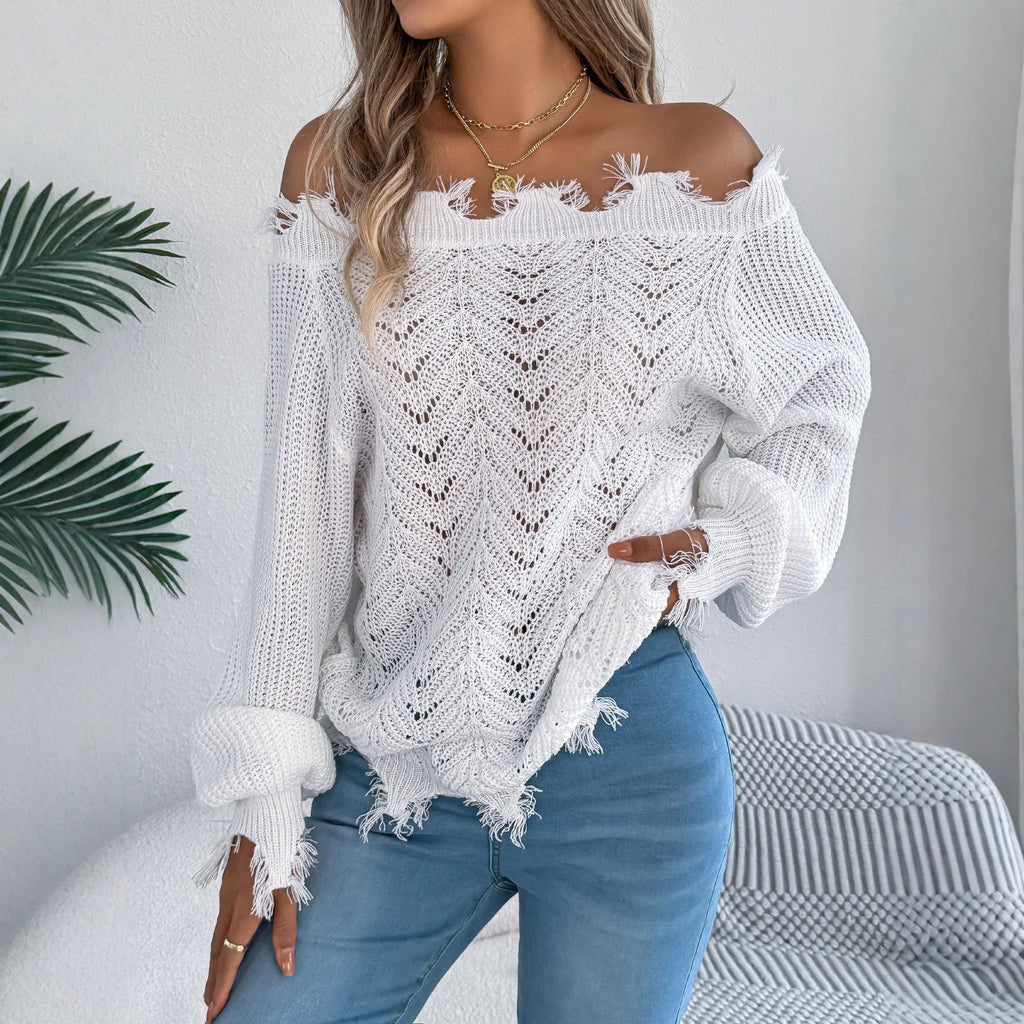 Hollow-out long-sleeved off-the-shoulder pullover sweater in artificial wool acrylic fibre available in black, orange, and white colours