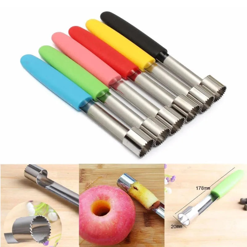 Stainless steel fruit corer with 178mm length and 20mm diameter on white background