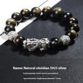 Men's geometric bracelet with sterling silver and natural black obsidian beads in three width sizes