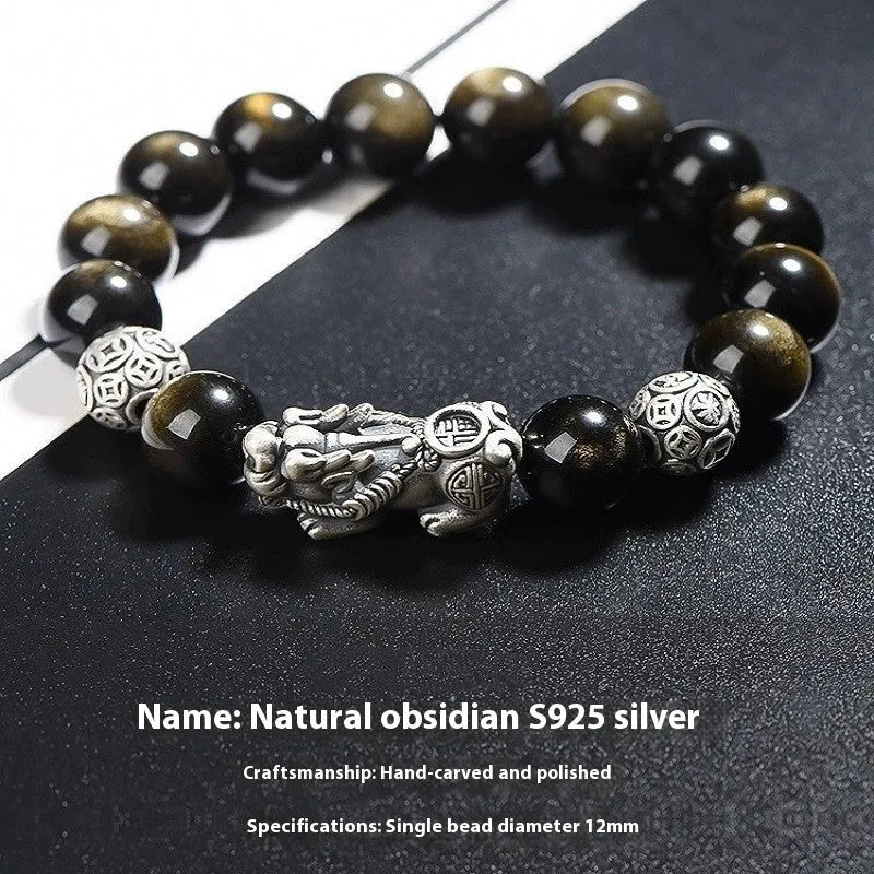 Men's geometric bracelet with sterling silver and natural black obsidian beads in three width sizes