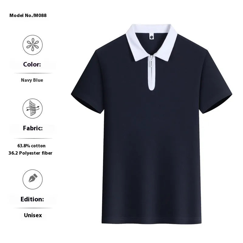 Men's loose fit zipper polo shirt in nylon fabric with short sleeves and lapel collar.