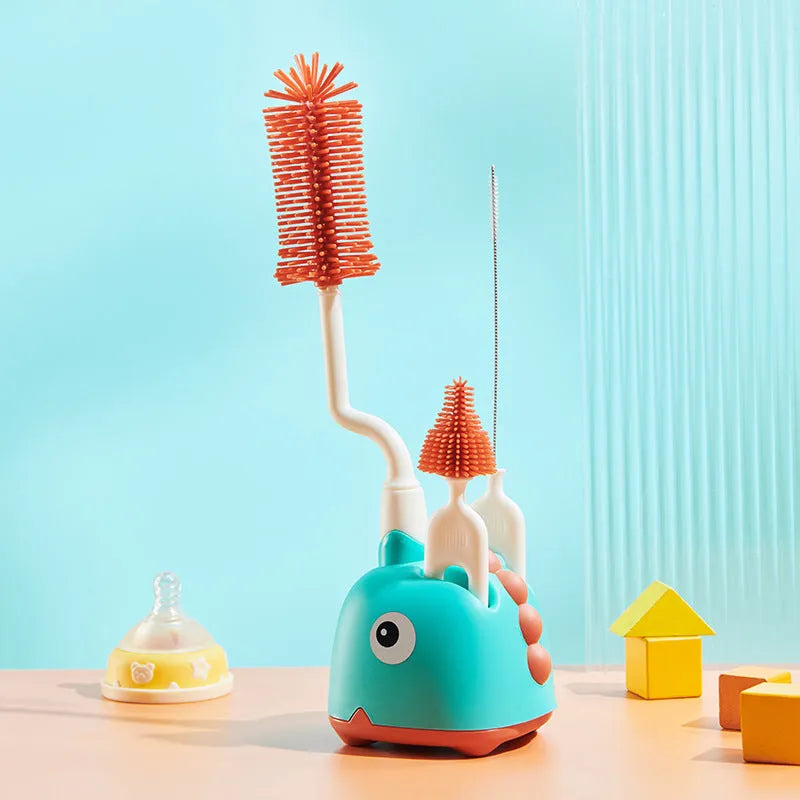 Multifunctional cleaning brush set with base for bottles, pacifiers, and straws in four colours