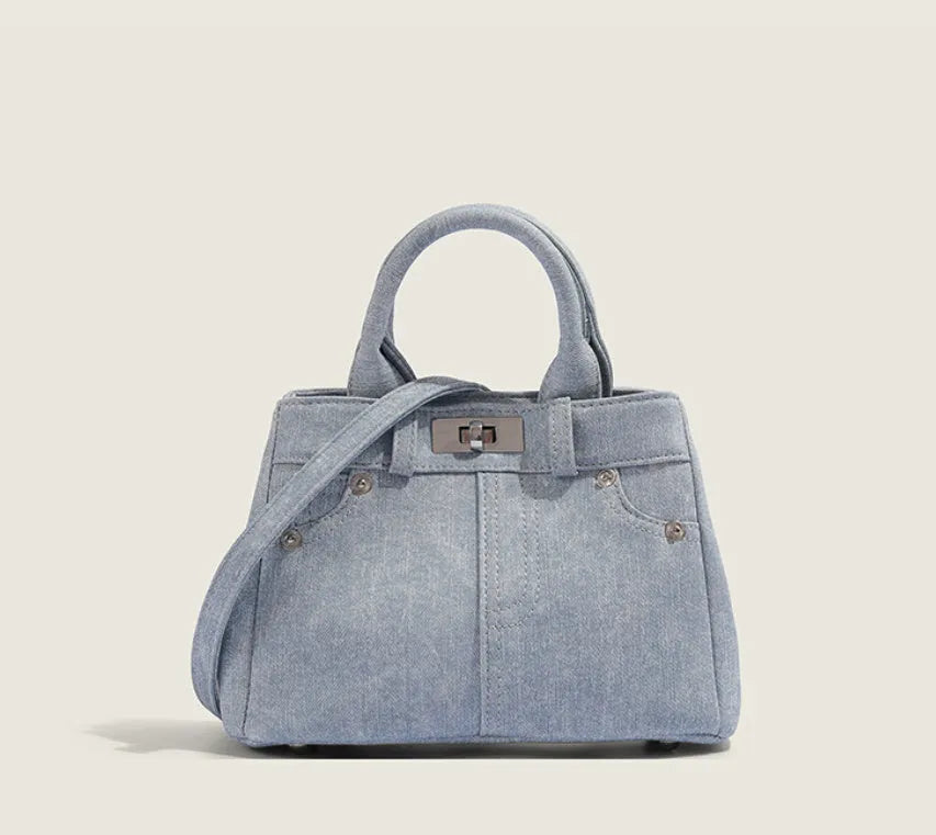 Women's soft PU shoulder bag in denim blue and white colour options without pendants