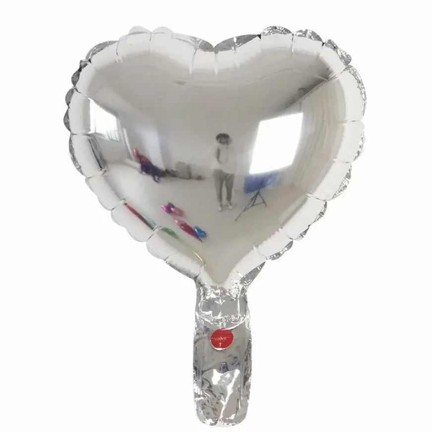 Five sparkling aluminium peach heart balloons in red, blue, rose, and silver colours.