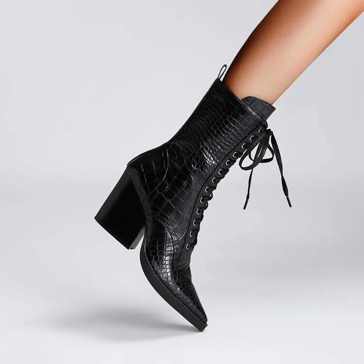 Dark brown women's pointed toe boots with chunky heel and side zip.
