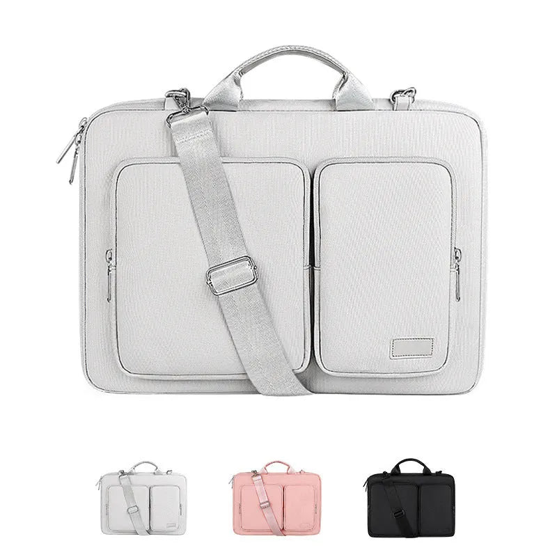 Shock proof shoulder laptop bag in gray polyester with zipper closure and retractable handle for 15.6 inch laptop