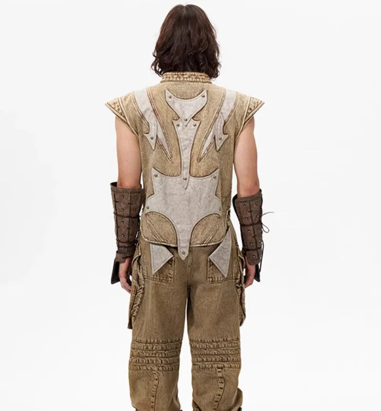 Korean style dark knight pleated denim vest in picture colour on a model.