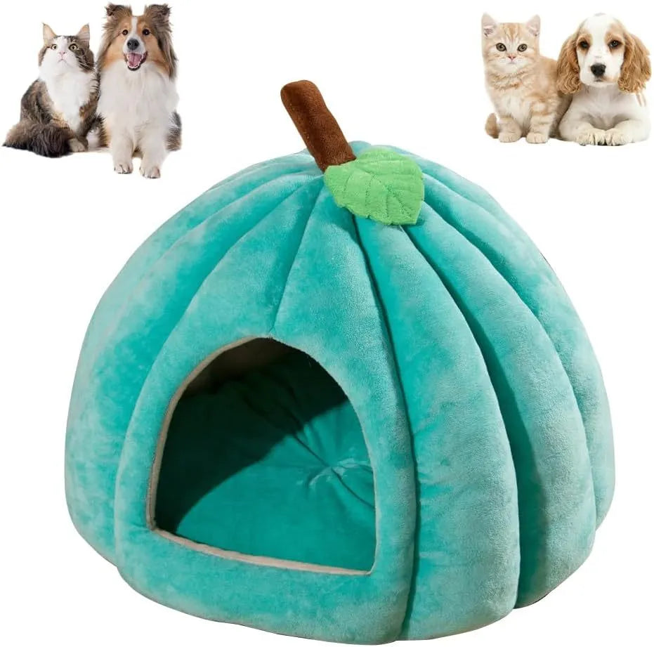Pumpkin-shaped cat bed in blue with semi-enclosed design and removable cushion